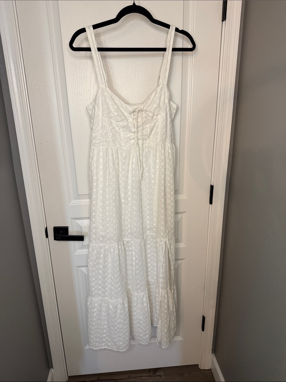 Promesa White Eyelet Lace-Up Tiered Maxi Sundress